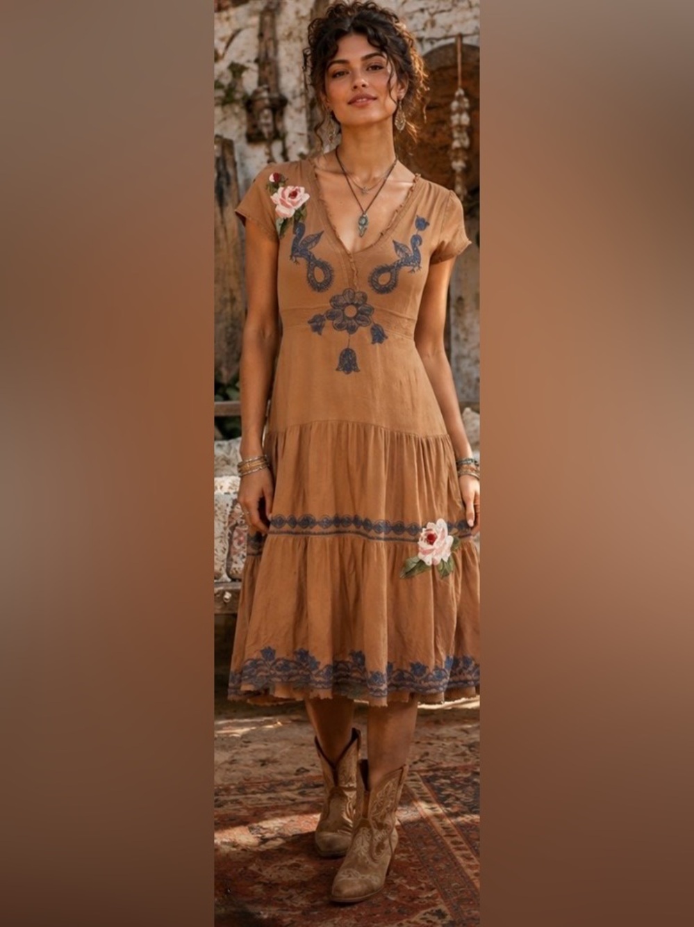 Johnny Was Embroidered Floral Smocked Cotton Boho Peasant Dress Size XS